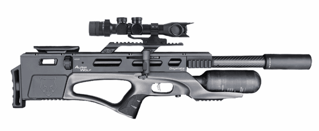Daystate Alpha Wolf Shadow air rifle – compact bullpup design with carbon bottle and electronic control system.