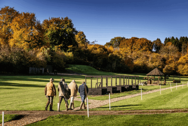 Shooters walking through the redeveloped Purdey Royal Berkshire shooting grounds.